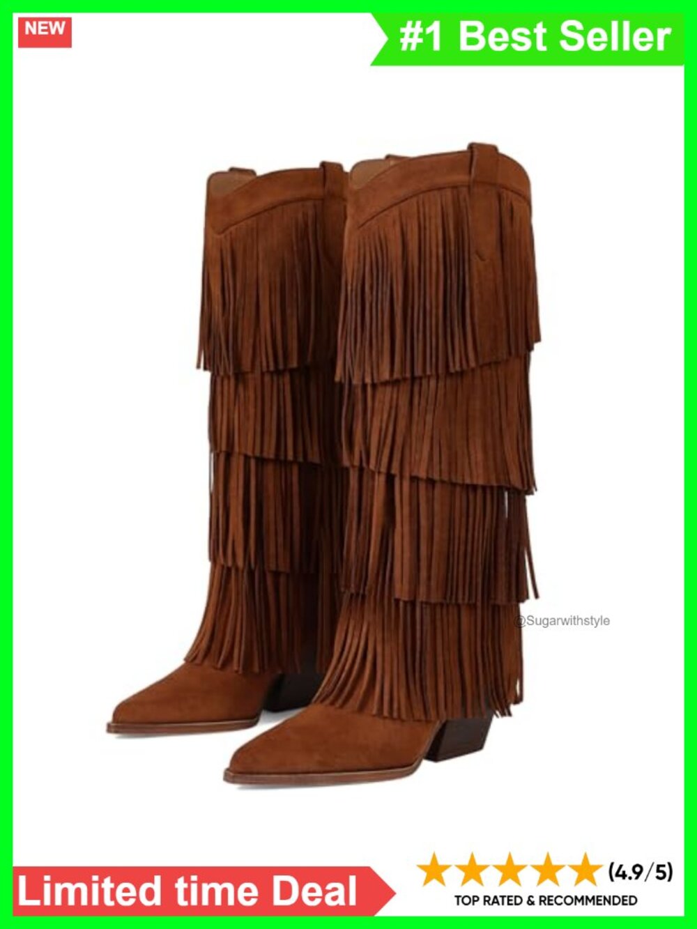 Womens Fringe Cowboy Boots Knee High Chunky Heel Pointed Toe Slip On Wide Calf